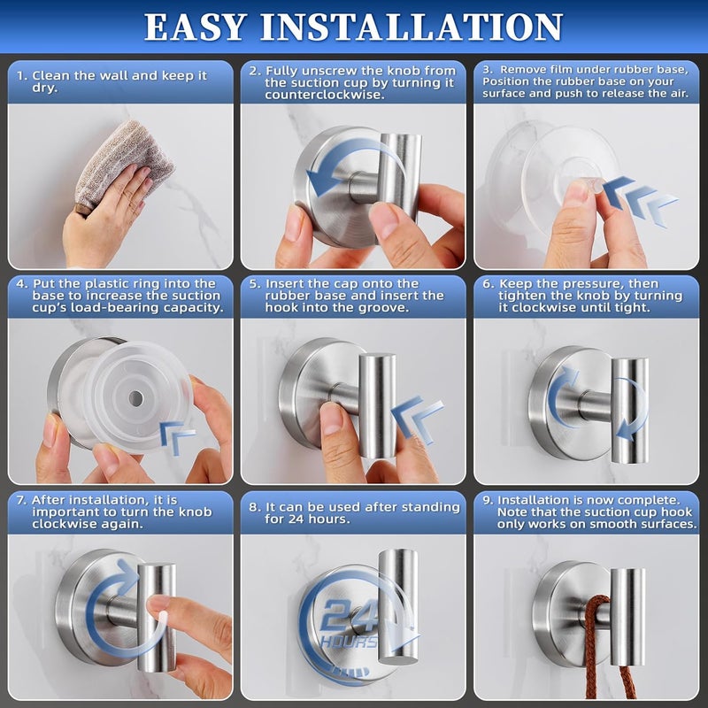 warlve Heavy Duty Reusable Suction Cup Hooks for Shower - No Drill Bathroom/Glass/Mirror/Tiles & Metal Surfaces,and Smooth Non-Porous Surfaces for Towels, Robes, Loofahs (4, Brushed Nickel) - Image 5